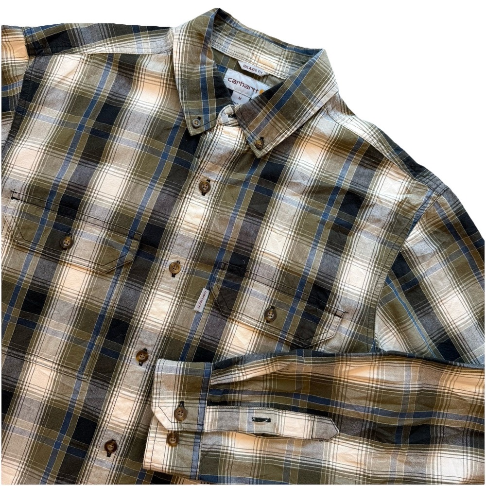 Carhartt Men's Medium Relaxed Fit Brown/Blue Plaid Long Sleeve Shirt Logo